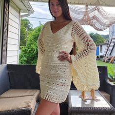 Ivory crochet dress with big bell sleeves perfect for weddings, vow renewals, bridal showers, etc. It has subtle pearl-like bling on the belt and back accents. It's made to fit sizes 4 and 6 best. Model is a size 2/4 for reference. I made this dress by hand with no pattern, so it's the only one like it in the world! The dress is made with vegan acrylic yarn. It's super soft! Free standard shipping in the U.S. always! Funshinefab.etsy.com Long Sleeve Crochet Dress, Renewal Dress, Hippie Wedding Dress, Bell Sleeve Wedding Dress, Vow Renewal Dress, Crochet Bell, Crochet Bodycon Dresses, Crochet Bell Sleeve, Wedding Dresses Hippie