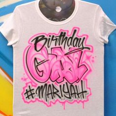 Airbrush Graffiti Birthday Name Design T shirt Custom Name White Crew Neck T-shirt, Customizable Pink Graphic Tee, White Crew Neck T-shirt With Custom Name, Custom Name White T-shirt For Birthday, Customizable Pink Short Sleeve Shirt, White Short Sleeve T-shirt With Custom Name, Custom Name T-shirt For Birthday With Crew Neck, Customizable Trendy Pink Tops, Custom Name Crew Neck T-shirt For Birthday