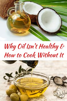 coconut oil is being poured into a bowl with olives on the side and an image of