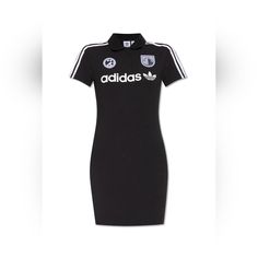 Adidas Football Dress Black Nwt Sporty Adidas Cotton Dress, Sporty Fitted Knee-length Dress, Sporty Black Mini Dress, Adidas Fitted Mini Dress, Fitted Adidas Mini Dress, Adidas Short Sleeve Dresses, Sporty Black Spring Dress, Sporty Black Dress For Spring, Black Fitted Cotton Midi Dress