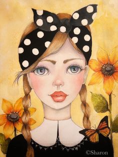 a painting of a girl with polka dots on her head and sunflowers behind her