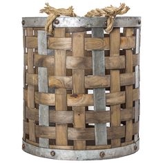 a metal and wood basket with rope handles