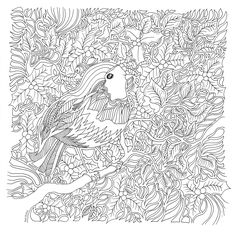 a bird sitting on top of a tree filled with leaves and flowers coloring book page