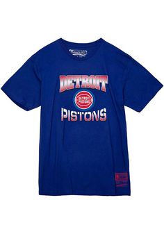 Support your Detroit Pistons in this Blue Short Sleeve Fashion Tee! This 90s Arch Fashion T Shirt features a screen printed team logo. Be ready to shout "Go Pistons" when you wear this Detroit Short Sleeve Fashion T Shirt in the stadium or on the street. Crew neckline, Screen print team graphics on center chest, Mitchell & Ness tagless collar, Hardwood Classics branding on at lower left hem, Unisex, Fit: True to Size, 100% COTTON, Machine Washable, 4 Cotton Tops With Team Logo For Streetwear, Throwback Cotton Tops With Team Name, Throwback Cotton Tops For Fan Merchandise, Throwback Cotton Fan Merchandise Tops, Blue Tops With Team Logo For Streetwear, Throwback Blue Tops With Letter Print, Blue Throwback Tops With Letter Print, Retro Cotton Tops With Team Logo, Throwback Blue Top With Letter Print