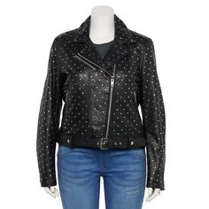 Add an edgy touch to your outerwear with this women's Whet Blu studded leather jacket. Add an edgy touch to your outerwear with this women's Whet Blu studded leather jacket. Genuine lambskin leather Windproof and water resistant shell Studded details Zipper front Long sleeves Adjustable belt 3 exterior, 2 interior pocketsFIT & SIZING 24-in. approximate length from center back to hem Designed to hit above the knees LightweightFABRIC & CARE 100% Leather Lining: polyester Dry clean Imported Wolverine Leather Jacket, Dodgers Jacket, Pirate Jacket, Nba Jacket, Studded Leather Jacket, Houndstooth Jacket, Plus Size Outerwear, Studded Leather, Coat Outfits