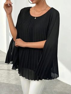 Plus Size Women's Spring/Summer Solid Color Round Neck Mesh Cape Sleeve Pleated Blouse Black Casual  Long Sleeve Chiffon Plain Top Non-Stretch  Women Plus Clothing, size features are:Bust: ,Length: ,Sleeve Length: Pleated Sleeves, Cape Sleeves, Pleated Blouse, Plain Tops, Chiffon Long Sleeve, Plus Size Blouses, Black Casual, Primavera Estate, Plus Size Tops