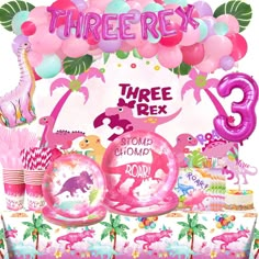 PRICES MAY VARY. 🦖 THE BEST THIRD DINOSAUR PARTY – Kids of all ages love dinosaurs. So, planning the perfect party with a dinosaur theme is a fantastic way to celebrate your daughter's third birthday! The elements of dinosaurs and pink features are dreamy and perfectly match your party. Welcome to the pink dinosaur world. 🍃 THREE REX BIRTHDAY PARTY DECORATIONS INCLUDES - 42 x 12’’ latex balloons | 12 x 5’’ latex balloons | 4 x artificial leaves | 11 x foil balloons | 1 x backdrop | 1 x tablecl Dinosaur 3rd Birthday Party, Three Rex Birthday Party, Dinosaur 3rd Birthday, Toddler Birthday Party Themes, Garland Leaves, Three Rex Birthday