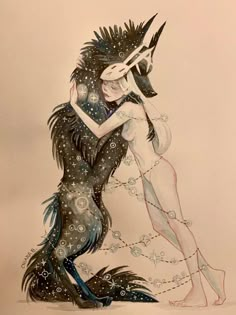 a drawing of two people hugging each other with stars in the sky behind them and on top of one another