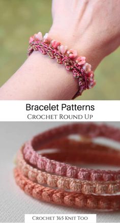 three different bracelets with pink beads on them and the words, bracelet patterns crochet round up