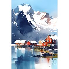 a painting of some houses by the water with mountains in the backgrouds