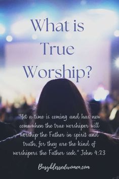 the back of a person's head in front of a stage with words on it that say, what is true worship?