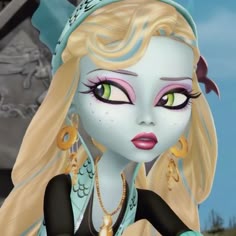 a close up of a cartoon character with long blonde hair and green eyes wearing jewelry