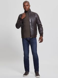 A luxe genuine-leather jacket with a soft feel features a mock neckline, long sleeves, front zip pockets and ribbed trim. Complete with interior pockets, a printed lining and zip-up closure. Brown Turtleneck Outerwear With Ribbed Cuffs, Brown Leather Outerwear With Zip Cuffs, Leather Biker Jacket With Ribbed Cuffs, Luxury Outerwear With Ribbed Collar For Fall, Brown Turtleneck Outerwear For Spring, Fall Leather Outerwear With Zip Fly, Casual Turtleneck Outerwear With Zipper Closure, Leather Outerwear With Long Sleeves And Ribbed Cuffs, Brown Leather Jacket With Ribbed Cuffs