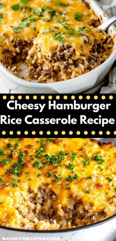 cheesy hamburger rice casserole recipe with cheese and parsley on top