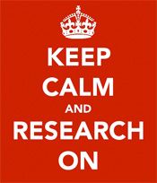 a red and white sign that says keep calm and research on