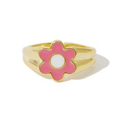 Material: gold plated brass, hand painted with enamel Gold Enamel Ring Perfect For Gifting, Gold Enamel Ring For A Gift, Gold Enamel Ring Perfect For Gift, Yellow Gold Enamel Flower Ring Gift, Gold Enamel Hand Painted Rings, Hand Painted Gold Enamel Rings, Hand Painted Enamel Gold Rings, Adjustable Pink Enamel Rings, Pink Enamel Rings For Gift