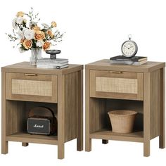 two nightstands with flowers and an alarm clock on each side, sitting next to each other