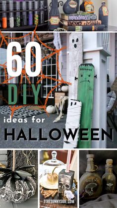 there are many different halloween decorations on the shelves in this collage with text overlay that reads, 60 diy ideas for halloween