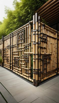 a large bamboo structure sitting on top of a sidewalk