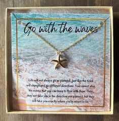 "This dainty gold starfish necklace makes a beautiful gift of encouragement or inspiration for a special someone, maybe a friend, co-worker or family member. Paired with a meaningful message card  which says: \"Life will not always go as planned, just like the tides will change and go different directions. You can not stop the waves, but you can learn to flow with them. They may not take you in the direction you planned, but they will take you exactly where you're meant to be\". All jewellery is Dainty Starfish Necklace For Gift, Alcohol Recovery Quotes, Ocean-inspired Starfish Charm Necklace Gift, Ocean-inspired Starfish Charm Necklace For Vacation, Alcohol Recovery, Gift Ocean-inspired Shell Necklace With Starfish Charm, Turquoise Ocean-inspired Necklace With Starfish Charm, Surf Gifts, Ocean Gifts