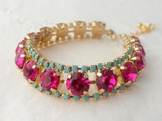 Hot pink and turquoise bracelet, Tennis bracelet, Bridal barcelet, Mother of bride gift, Mother of g Hot Pink And Turquoise, Wedding Accessories For Bride, Hot Pink Earrings, Mint Earrings, Mother Of Groom, Bracelet Tennis, Turquoise Crystal, Mother Of Bride, Wedding Jewelry Bracelets