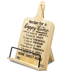 a cutting board with a recipe for a happy time on it