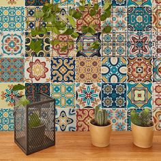 three potted plants sit in front of a colorful tile wall