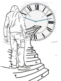 a drawing of a man standing on steps with a clock in the back ground behind him