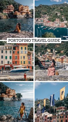 four photos with the words portfoino travel guide written in different languages on them