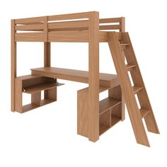 a wooden bunk bed with a desk underneath it and stairs leading up to the top