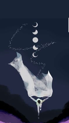 an abstract painting of a woman floating in the water with moon and stars above her