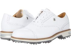 FootJoy DryJoys Premiere - Men's Shoes : White 1 : Dominate the competition with the pure fit and waterproof performance of the FootJoy DryJoys Premiere golf shoes. FootJoy golf shoes with membrane-free waterproof full grain Pittard leather uppers. Lightly padded tongue and collar for comfort. Innovative Estane TPU outsole for added traction and stability. Ortholite EcoPlush FitBed for a stable and comfortable stride. Also removeable for custom needs. Low profile Softspikes cleats. Super soft sh White Golf Shoes With Rubber Sole For Sports, White Slip-resistant Golf Shoes With Round Toe, White Golf Sneakers With Perforated Toe Box, Golf Sneakers With Perforated Toe Box, Functional Golf Shoes With Branded Insole, Sporty White Golf Shoes With Ortholite Insole, Leather Golf Shoes, Sporty Style, Leather Sporty Golf Shoes, White Slip-resistant Low-top Golf Shoes