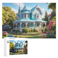 a puzzle box with a painting of a blue house in the middle of flowers and trees