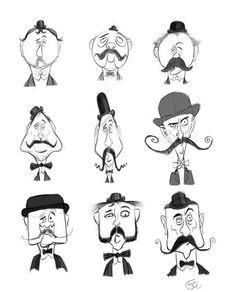 six different cartoon faces with mustaches and hats