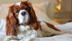 a brown and white dog laying on top of a bed