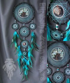 two pictures of dream catchers with feathers and beads on the sides, one is blue