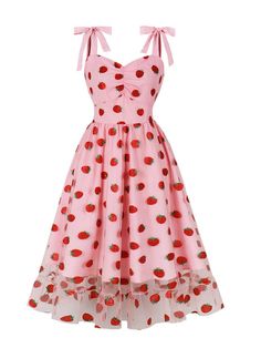 Pink 1950s Spaghetti Strap Bow Strawberry Dress Strawberry Dress Wedding, Cute Strawberry Outfit, Cute Clothing Items, Strawberry Clothes Aesthetic, Strawberry Dress Outfit, Strawberry Dress Aesthetic, Tropical Dress To Impress, Pink Dresses Casual, Cute Sun Dresses