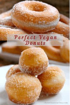 some sugared doughnuts on a plate with the words perfect vegan donuts