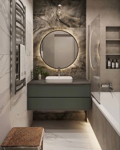 a bathroom with a sink, mirror and bathtub