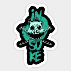 a sticker with a skull and two swords in the shape of a cat on it