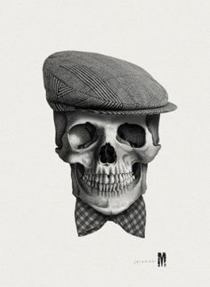 a drawing of a skull wearing a hat and bow tie