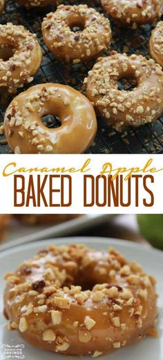 baked donuts on a cooling rack with caramel and walnuts in the background