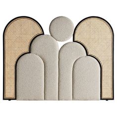 three white rugs with black trim on each side and an oval design in the middle