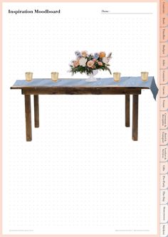 an image of a table with flowers on it and cups at the end, next to each other