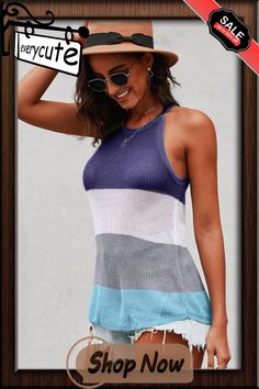 Blue Color Block Striped Knit Tank Top Tank Top Women, Knit Tank Top, Knit Tank, Knitted Tank Top, Top Women, Knit Tanks, Striped Knit, Women Tops, Color Block