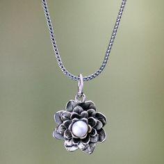 White Lotus, Elegant Pendant, Sterling Silver Flowers, Pearl Pendant Necklace, Pearl Gemstone, Jewelry Unique, Silver Flowers, Handmade Sterling Silver, Pearl Pendant