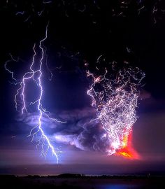 two lightning strikes in the night sky