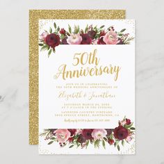 an elegant 50th anniversary party with gold glitter and burgundy flowers on the front, white background