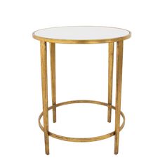 a round glass table with gold frame and metal legs on an isolated white background for use as a side table