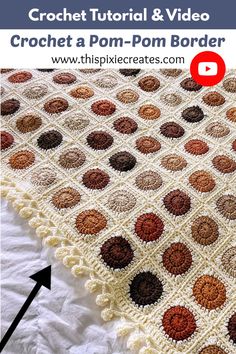 the crochet afghan is shown with an arrow pointing to it